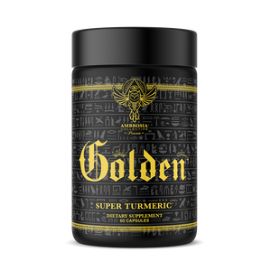 Ambrosia Collective presents, Golden.  Super Turmeric. Dietary Supplement. 60 capsules. Bottle front.