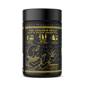 Bottle left. The golden spice with 9x higher absorption*. Joint relief*. Brain function*. Gut health*. Ambrosia nutraceuticals.