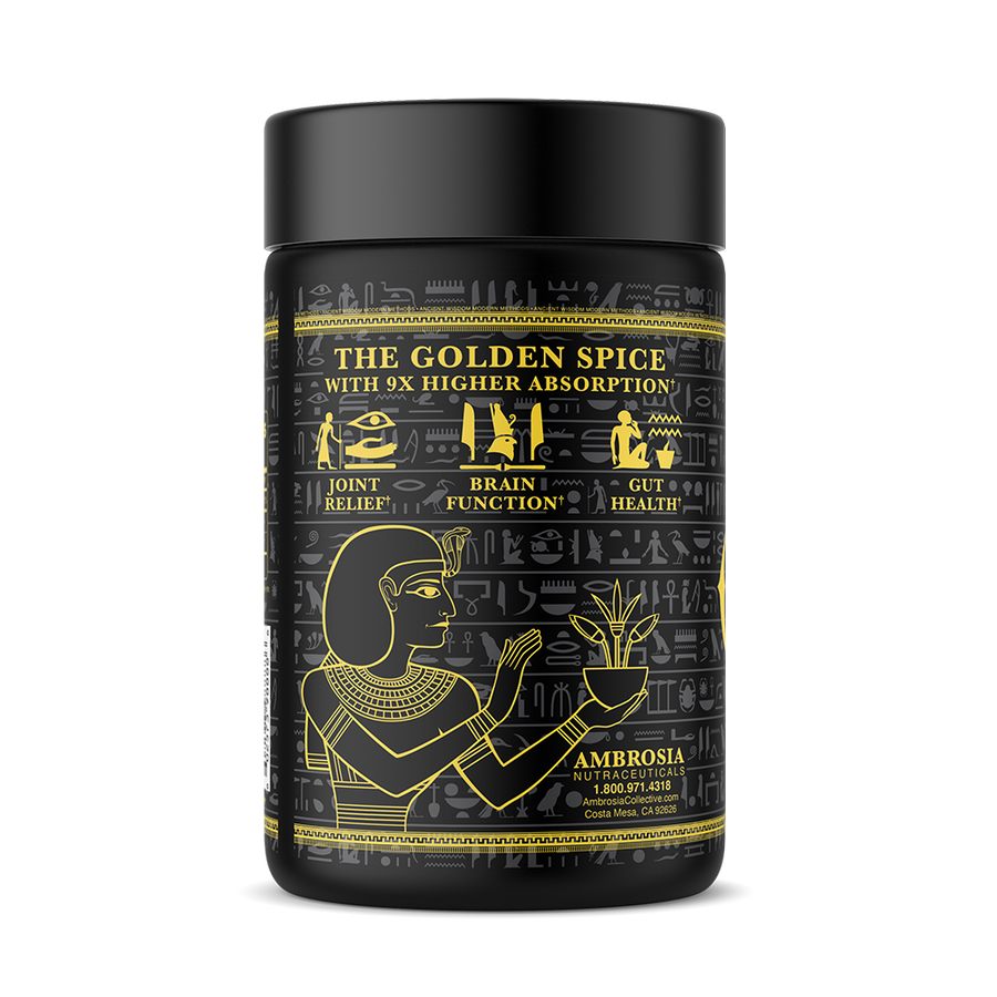Bottle left. The golden spice with 9x higher absorption*. Joint relief*. Brain function*. Gut health*. Ambrosia nutraceuticals.