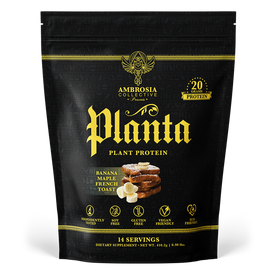 14 servings Black package of Ambrosia Collective Planta Plant Protein with banana, maple, and French toast flavor 
