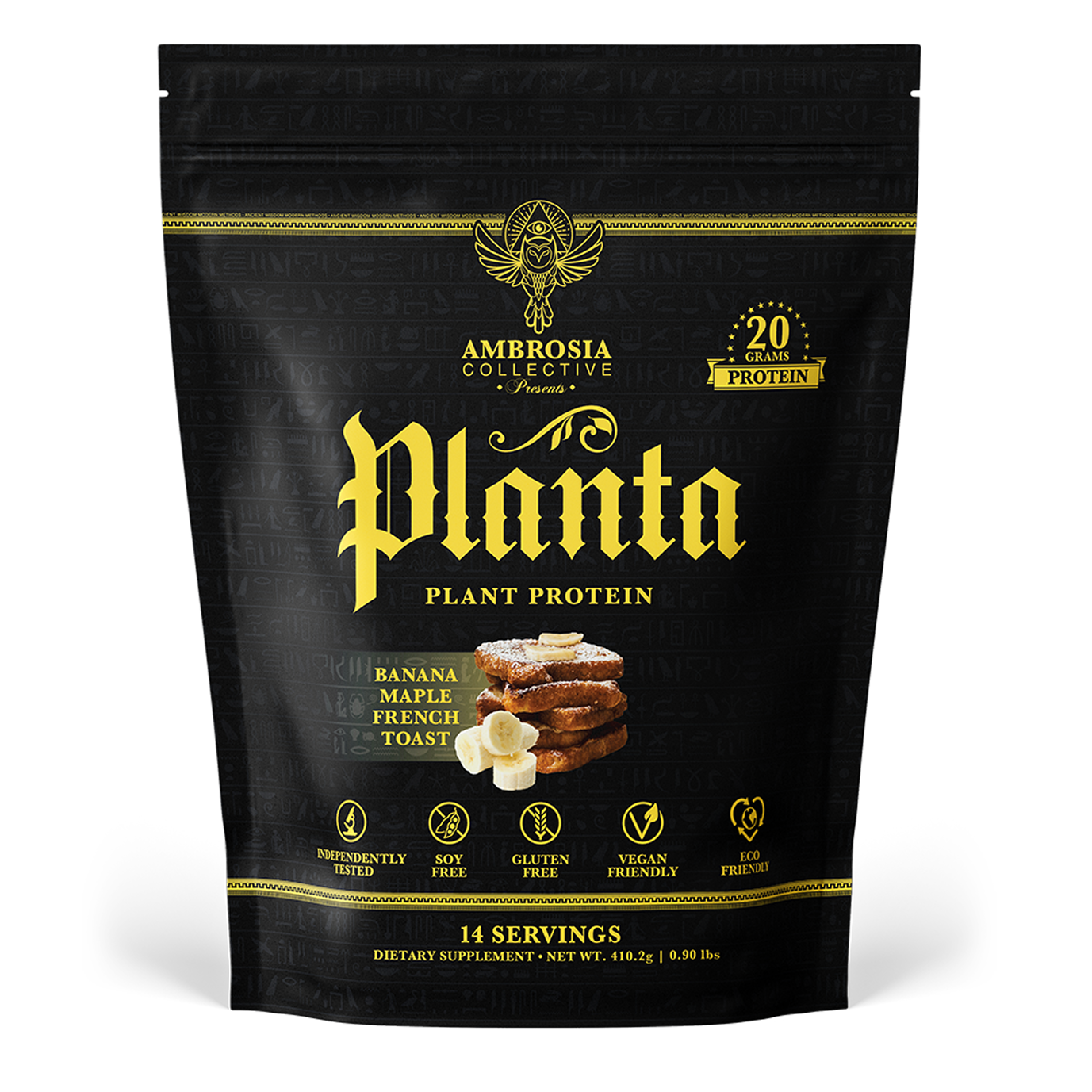 14 servings Black package of Ambrosia Collective Planta Plant Protein with banana, maple, and French toast flavor 
