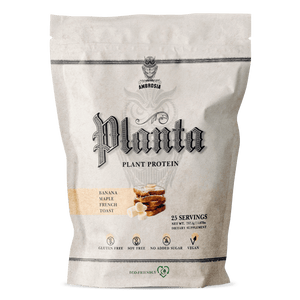 Ambrosia. Planta. Plant protein. Banana maple french toast. 25 servings. Net Wt. 757.5g | 1.67lbs. Dietary supplement. Gluten free. Soy Free. No added sugar. Vegan. Eco-friendly.