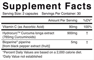 Supplement facts. Serving size: 2 capsules. Servings per container: 30. Vitamin C (as ascorbic acid) 90mg 100%. Hydrocurc Curcuma longa extract (765mg Curcuminoids) 900mg **. Bioperine piperine [from black pepper extract (fruit)] 5mg *.