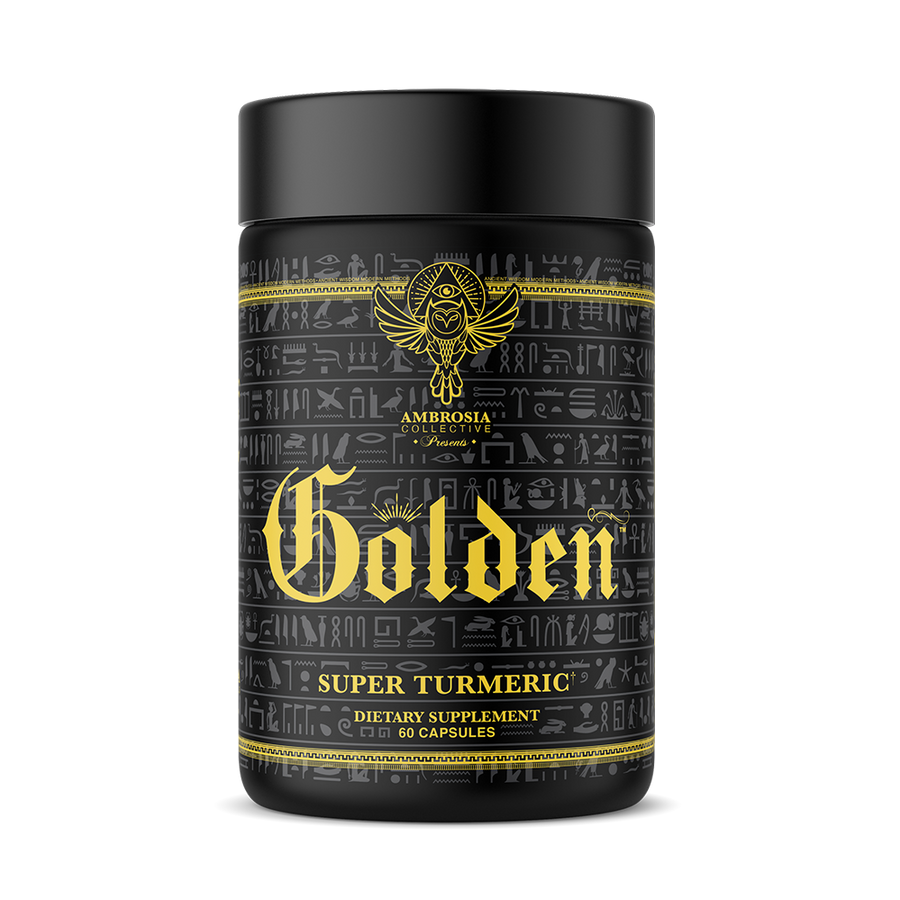 Ambrosia Collective presents, Golden.  Super Turmeric. Dietary Supplement. 60 capsules. Bottle front.