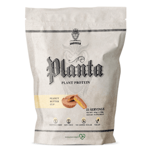 Ambrosia. Planta. Plant protein. Peanut Butter Cup. 25 servings. Net Wt. 757.5g | 1.67lbs. Dietary supplement. Gluten free. Soy Free. No added sugar. Vegan. Eco-friendly.