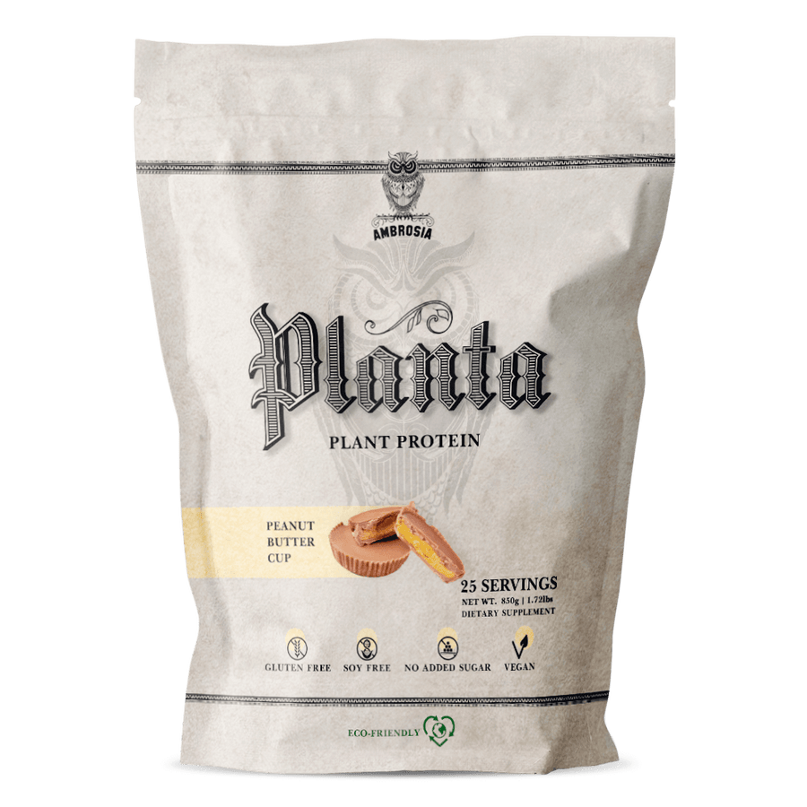 Ambrosia. Planta. Plant protein. Peanut Butter Cup. 25 servings. Net Wt. 757.5g | 1.67lbs. Dietary supplement. Gluten free. Soy Free. No added sugar. Vegan. Eco-friendly.
